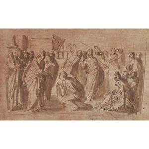 Ecole Italienne Vers 1600 - Scène Biblique - Plume Et Encre Brune Lienne