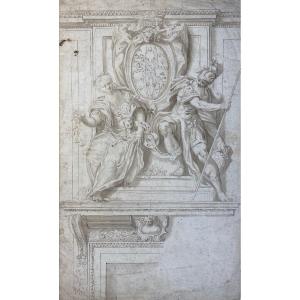 17th Century Italian School - Fireplace Project - Pen And Brown Ink