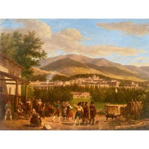 Giuseppe Canella- Fête Villageoise En Espagne, 1824 - Huile Sur Toile