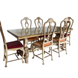 Large Louis XV Style Painted Wooden Table And Chairs Set