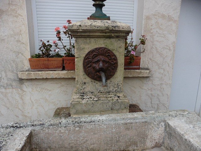 Fountain Washhouse Basin With Water Reserve In Natural Stone With Its Lion-headed Monk-photo-5