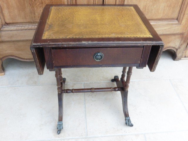 Small Side Table With 2 Flaps, Leather Top, 1 Drawer, Lion Paw Feet-photo-8