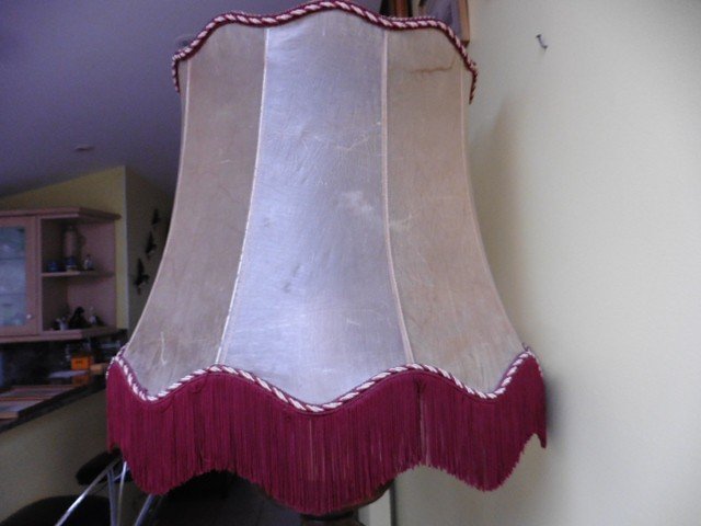 Large Old Floor Lamp In Solid Walnut And Lampshade Early 20th Century-photo-2