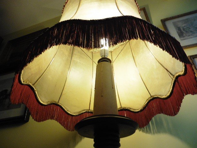 Large Old Floor Lamp In Solid Walnut And Lampshade Early 20th Century-photo-2