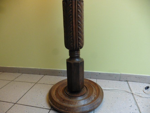 Large Old Floor Lamp In Solid Walnut And Lampshade Early 20th Century-photo-5