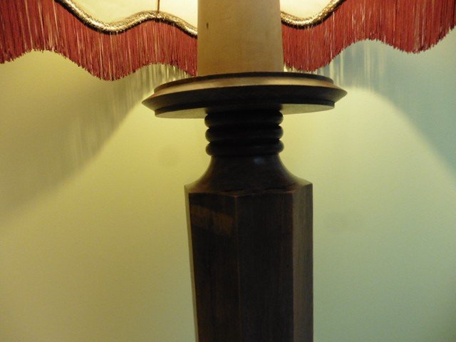 Large Old Floor Lamp In Solid Walnut And Lampshade Early 20th Century-photo-6