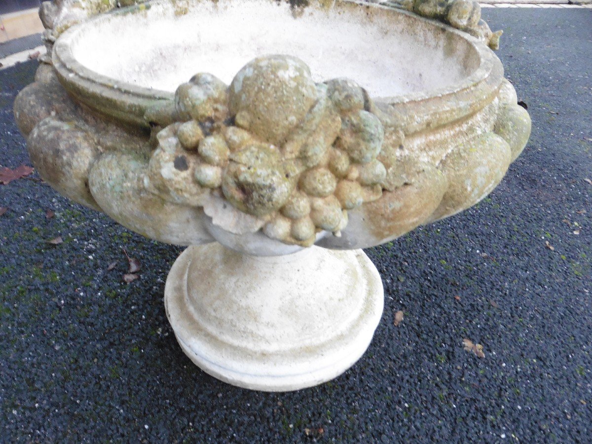 Godron Basin In Reconstituted Stone Decorated With Grape Bunches-photo-3