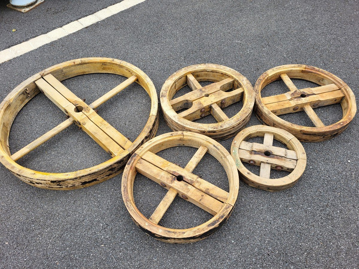 Lot Of 5 Wooden Belt Wheels: Industrial Decor