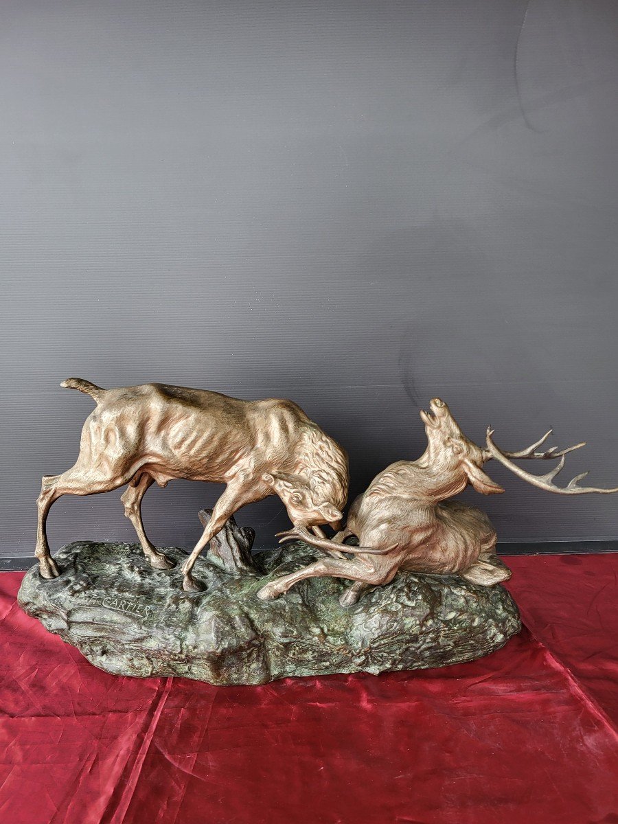 Sculpture En Bronze : Combat De Cerfs Signé T.cartier