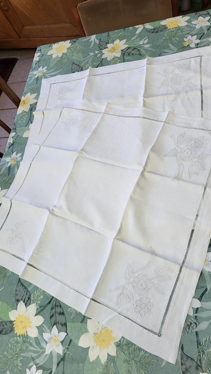 Grand Drap  + 2 taies  En Fil De Lin Blanc Sans Monogramme Brodé Couple De Colombes Et Fleurs -photo-5