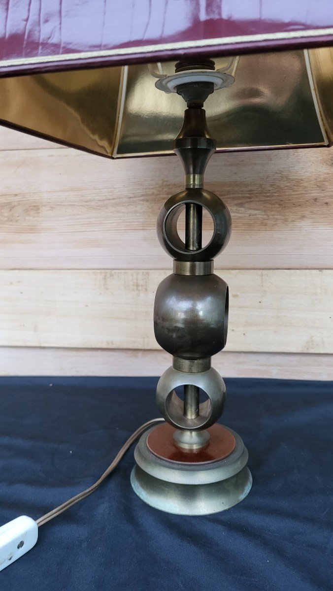 Vintage 1970's Bronze Table Lamp Pagoda Lampshade-photo-5