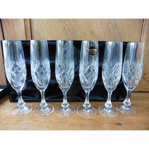 6 Crystal Champagne Flutes Signed Etzel