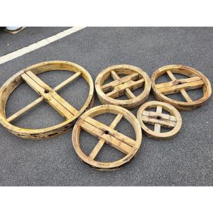 Lot Of 5 Wooden Belt Wheels: Industrial Decor