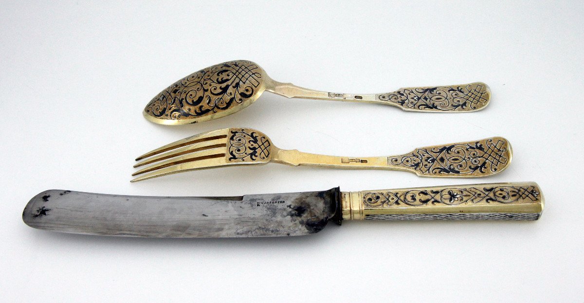 Niello Silver-gilt Travel Cutlery, Moscow 1854 - Assayer Viktor Savinkov-photo-2