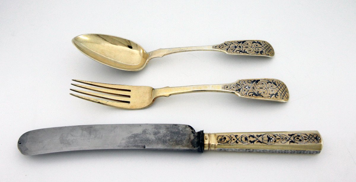 Niello Silver-gilt Travel Cutlery, Moscow 1854 - Assayer Viktor Savinkov-photo-3