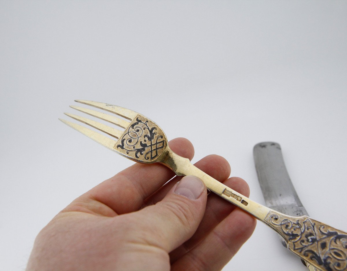 Niello Silver-gilt Travel Cutlery, Moscow 1854 - Assayer Viktor Savinkov-photo-5