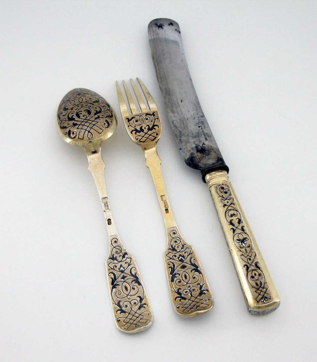 Niello Silver-gilt Travel Cutlery, Moscow 1854 - Assayer Viktor Savinkov