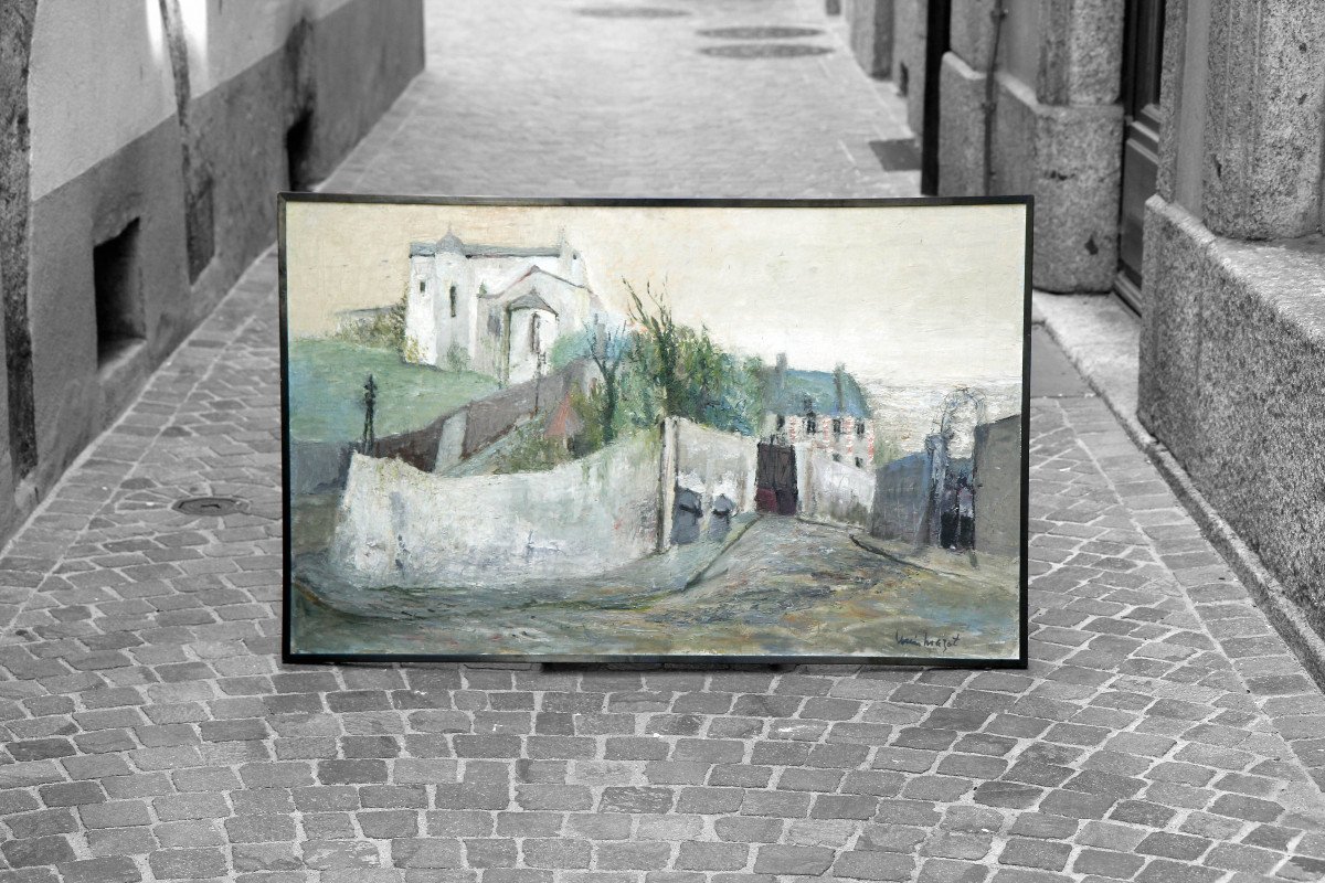 Louis MAZOT (1919-1994), La montée à l'église, grande huile sur toile-photo-2