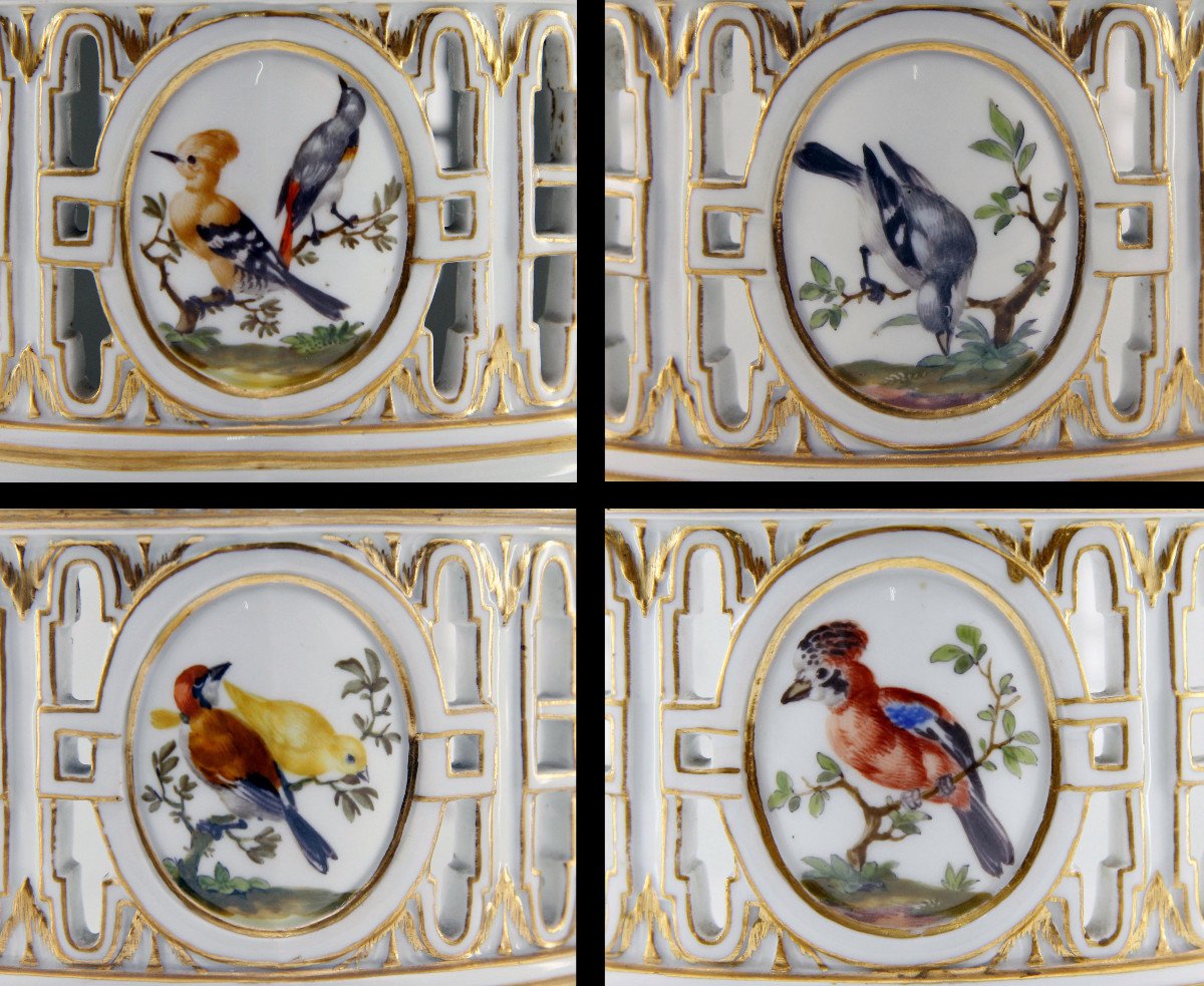 Marronnière en porcelaine ajourée, décor à l'or et aux oiseaux polychromes, Meissen? fin du 19e-photo-3