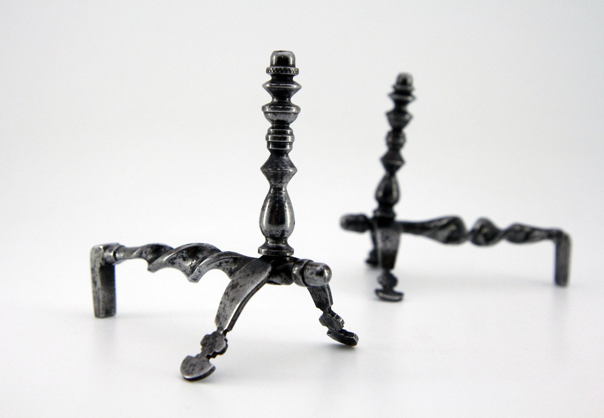 Pair Of Miniature Wrought Iron Andirons - 19th Century Masterwork-photo-4