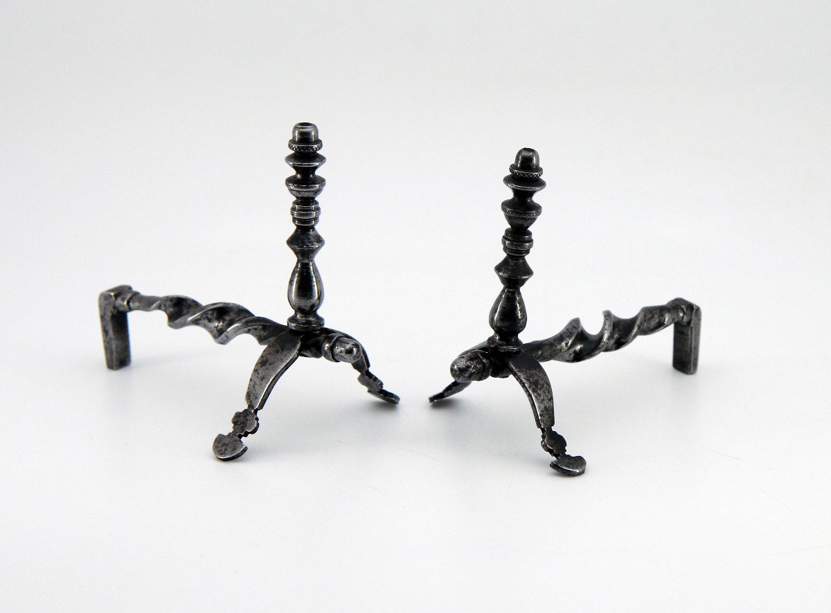 Pair Of Miniature Wrought Iron Andirons - 19th Century Masterwork-photo-3