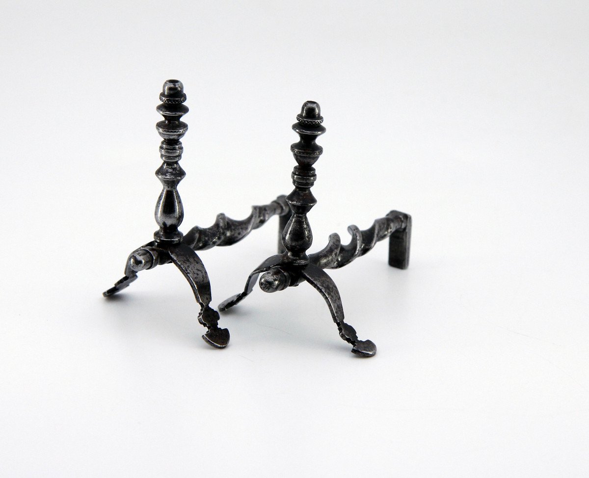 Pair Of Miniature Wrought Iron Andirons - 19th Century Masterwork-photo-4