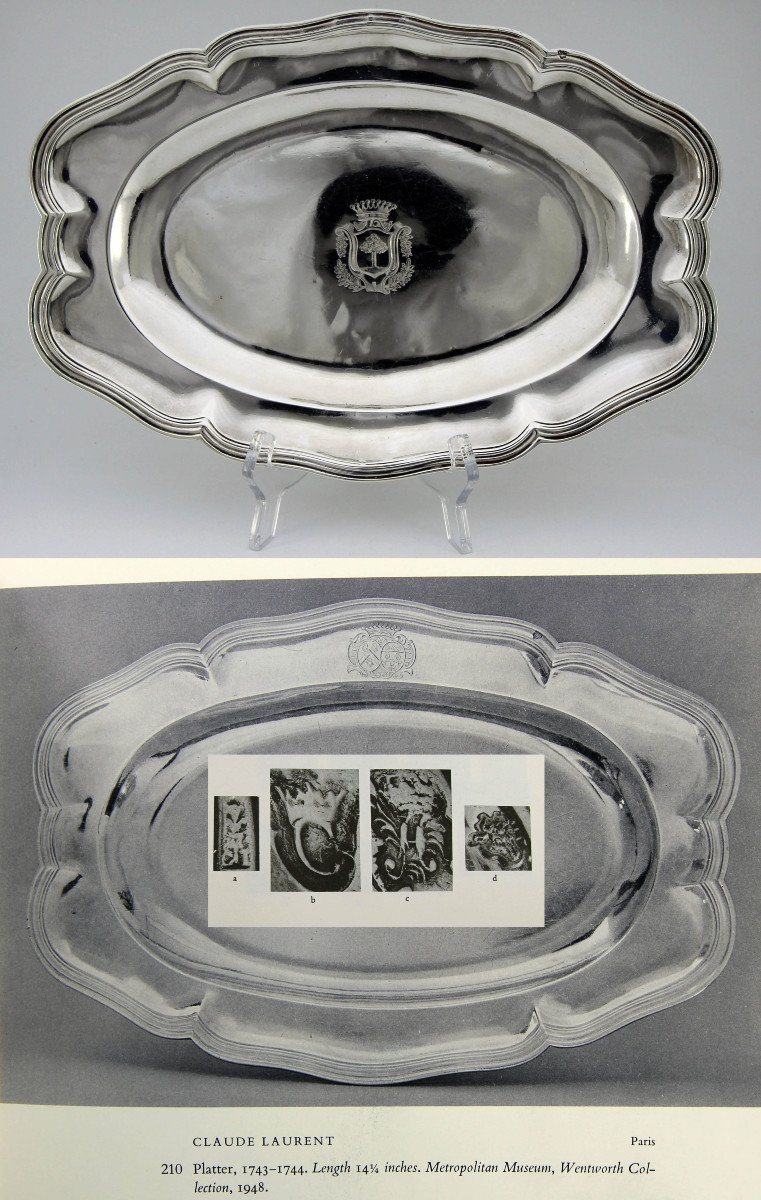 Small Oval Dish In Solid Silver With Coat Of Arms, By Claude Laurent, Paris 1743-1744-photo-2