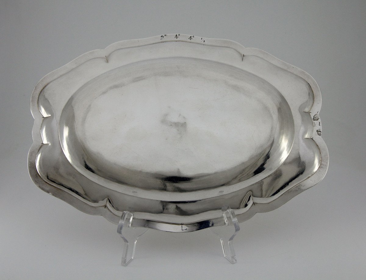 Small Oval Dish In Solid Silver With Coat Of Arms, By Claude Laurent, Paris 1743-1744-photo-3