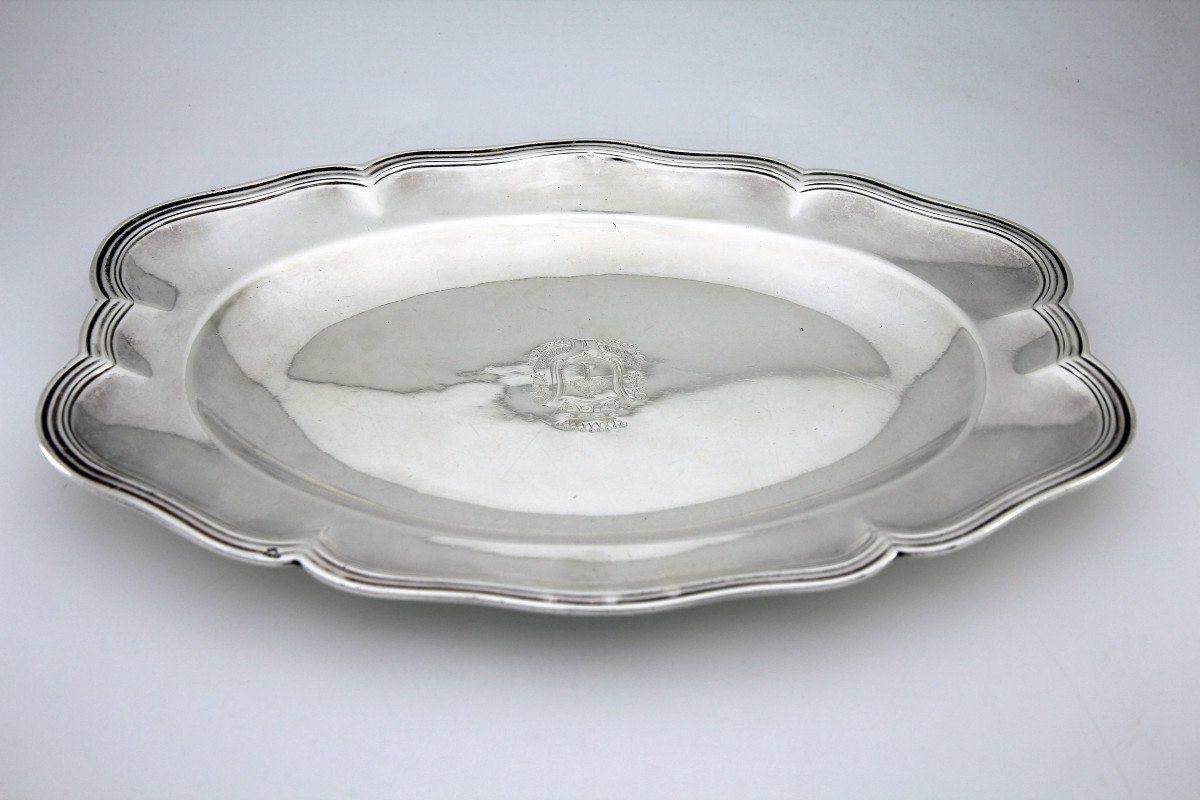 Small Oval Dish In Solid Silver With Coat Of Arms, By Claude Laurent, Paris 1743-1744-photo-4