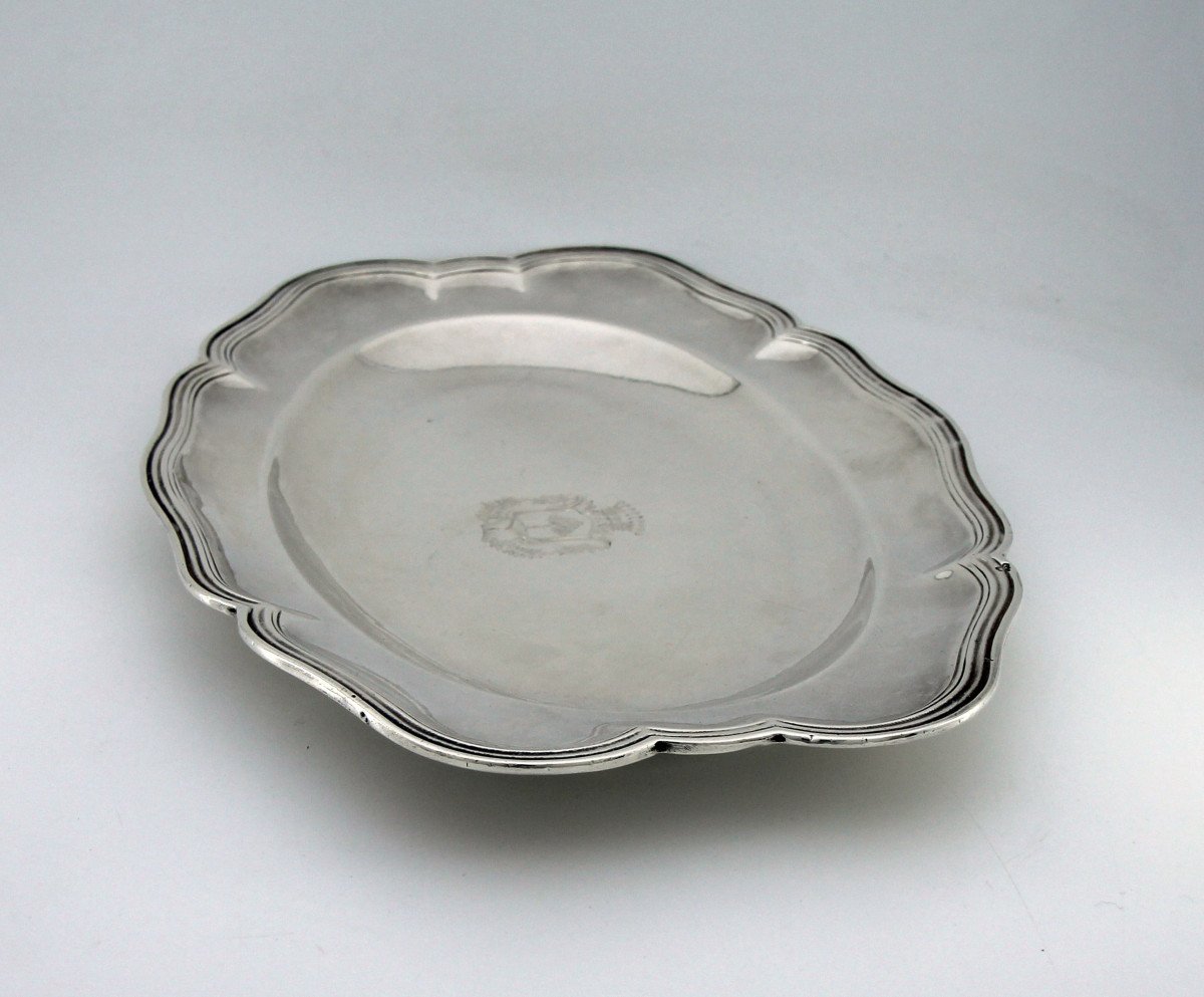 Small Oval Dish In Solid Silver With Coat Of Arms, By Claude Laurent, Paris 1743-1744-photo-2