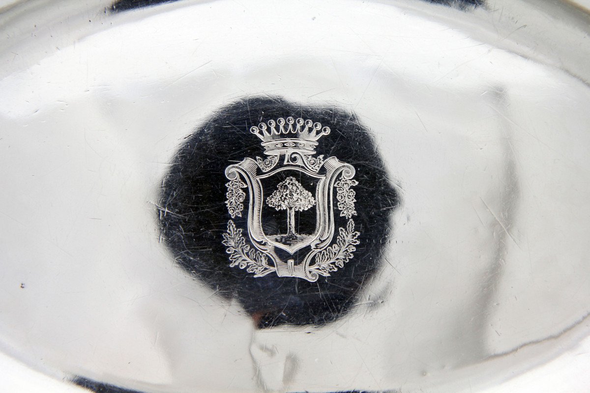 Small Oval Dish In Solid Silver With Coat Of Arms, By Claude Laurent, Paris 1743-1744-photo-8