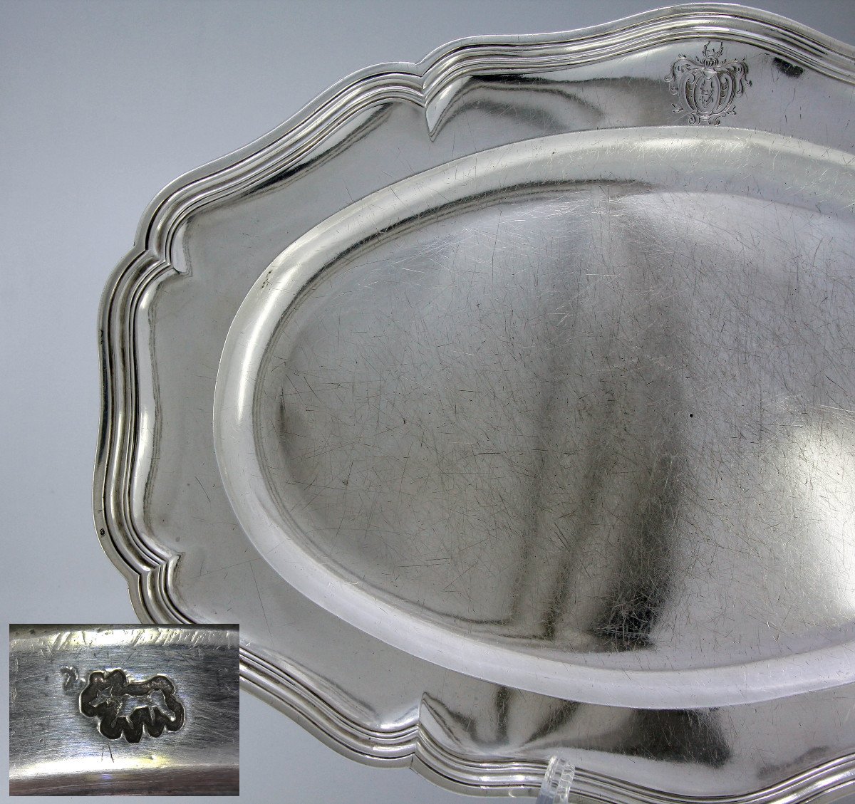 Très grand plat ovale en argent massif par Eloi Guérin - armoiries von Brackel - Paris, 1755-56-photo-4