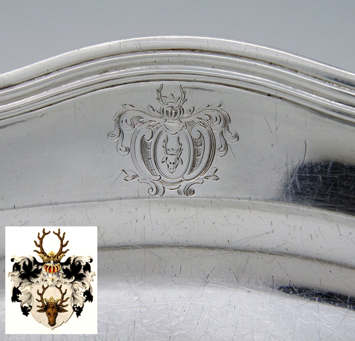 Très grand plat ovale en argent massif par Eloi Guérin - armoiries von Brackel - Paris, 1755-56-photo-6