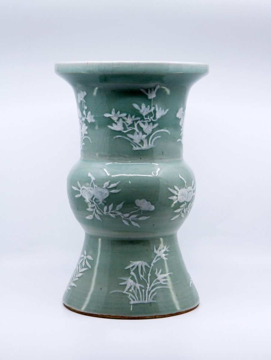 Large Celadon Porcelain Vase With White Branch Decoration, China Circa 1900-photo-2