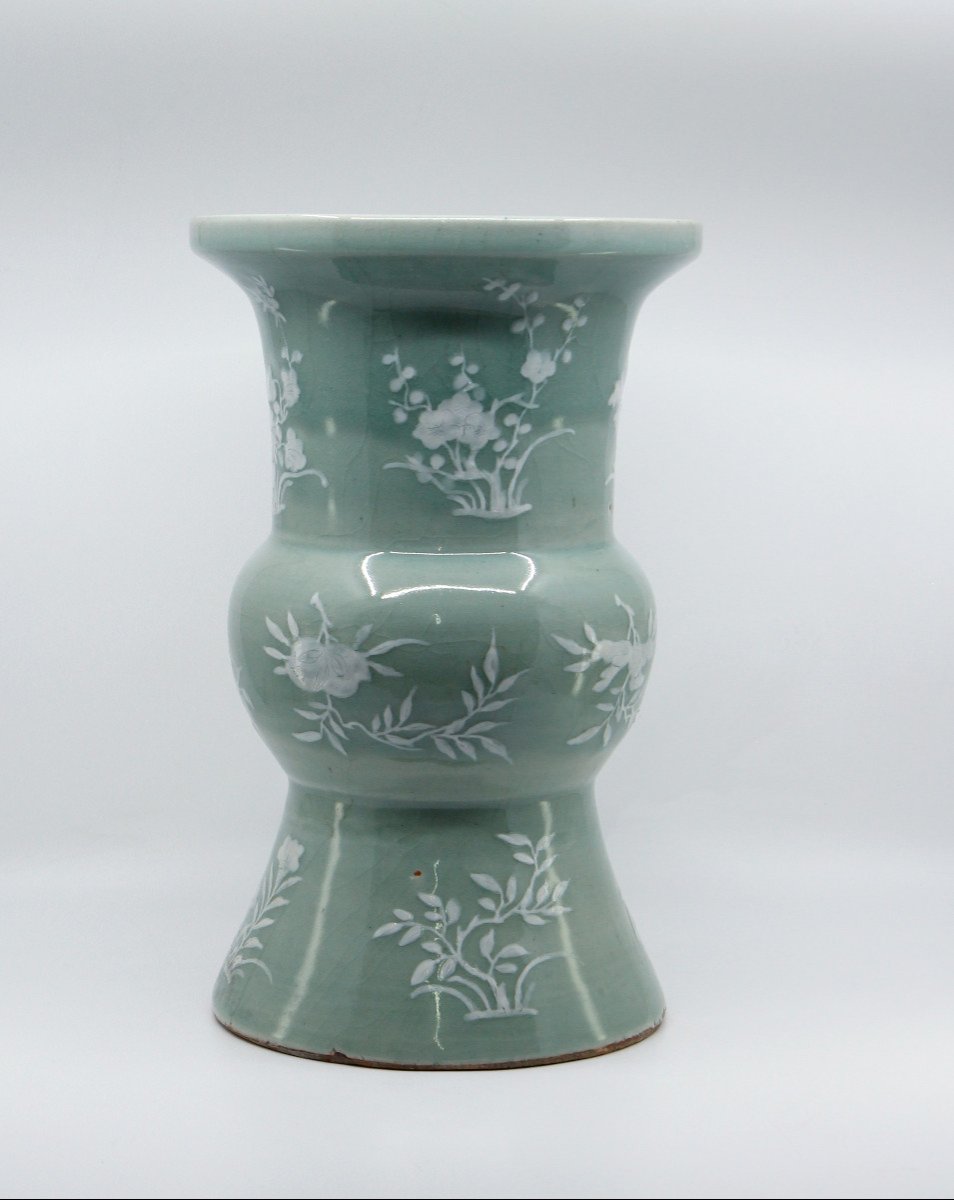 Large Celadon Porcelain Vase With White Branch Decoration, China Circa 1900-photo-3