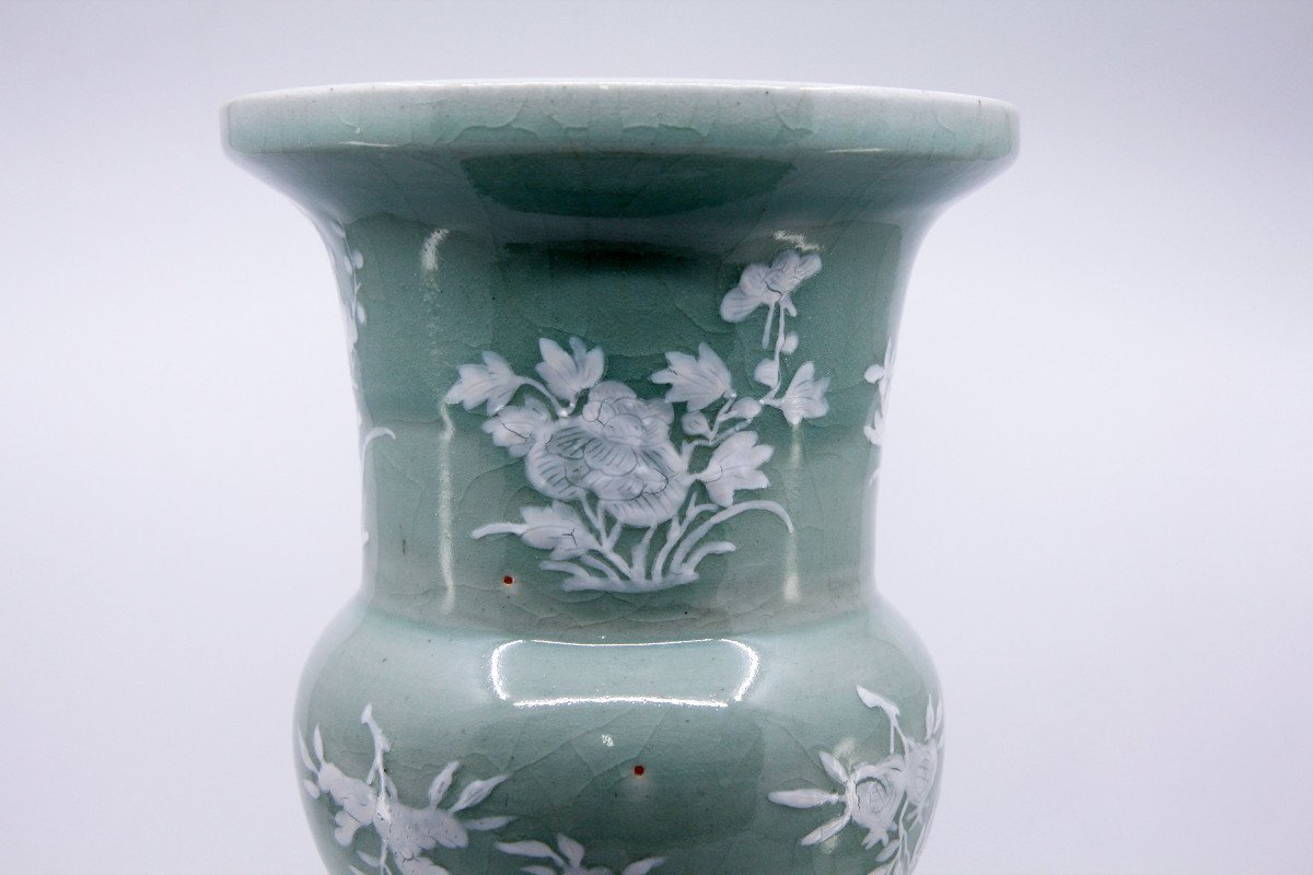 Large Celadon Porcelain Vase With White Branch Decoration, China Circa 1900-photo-1