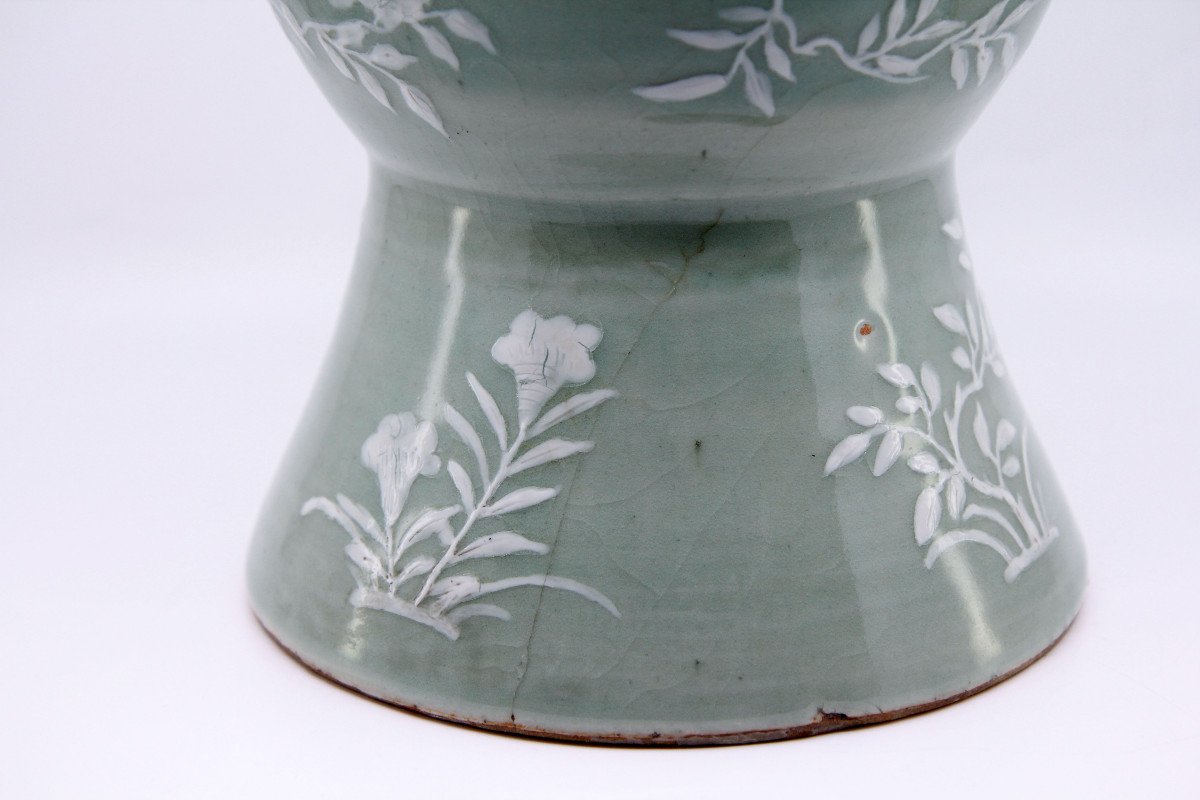 Large Celadon Porcelain Vase With White Branch Decoration, China Circa 1900-photo-2