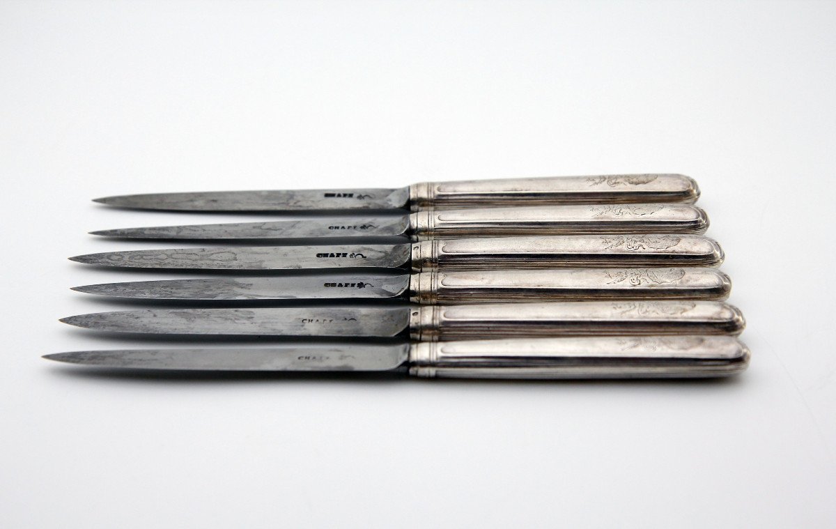 Rare Set Of Six Horngacher Armorial Knives, Nicolas-martin Langlois And Chapy, Paris 1768-69-photo-2