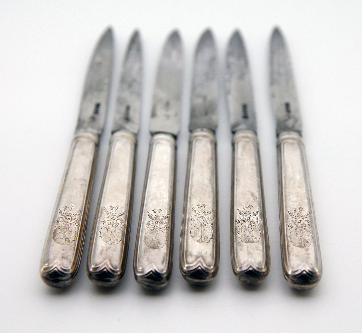 Rare Set Of Six Horngacher Armorial Knives, Nicolas-martin Langlois And Chapy, Paris 1768-69-photo-4