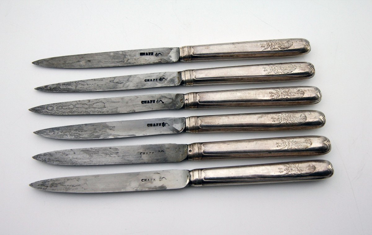 Rare Set Of Six Horngacher Armorial Knives, Nicolas-martin Langlois And Chapy, Paris 1768-69