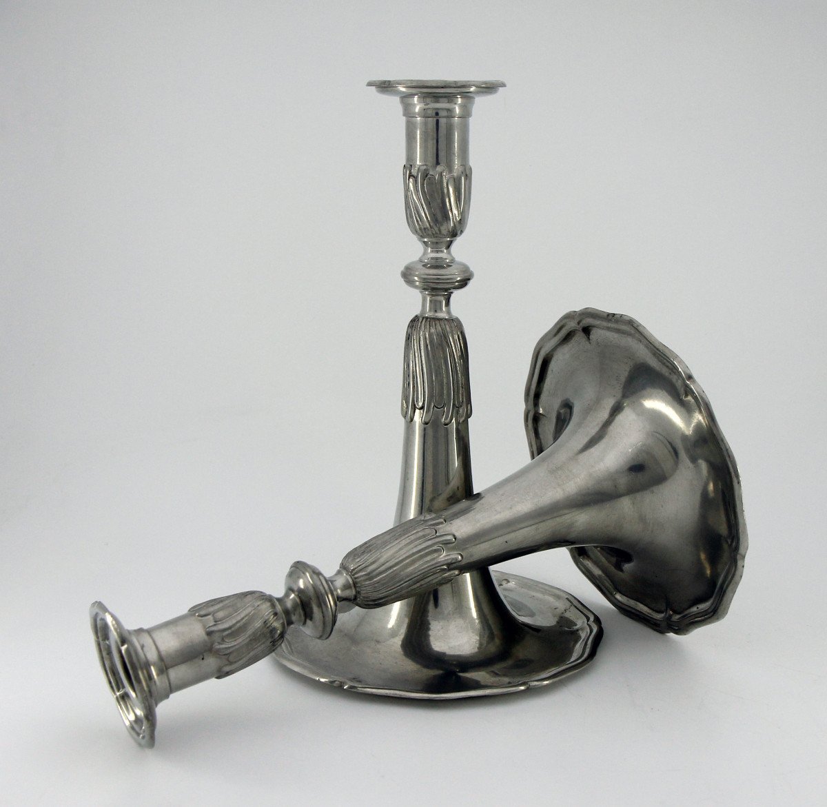 Pair Of Pewter Trumpet Candlesticks, By Jean-paul Jacob, Potter In Geneva From 1950 To 1962