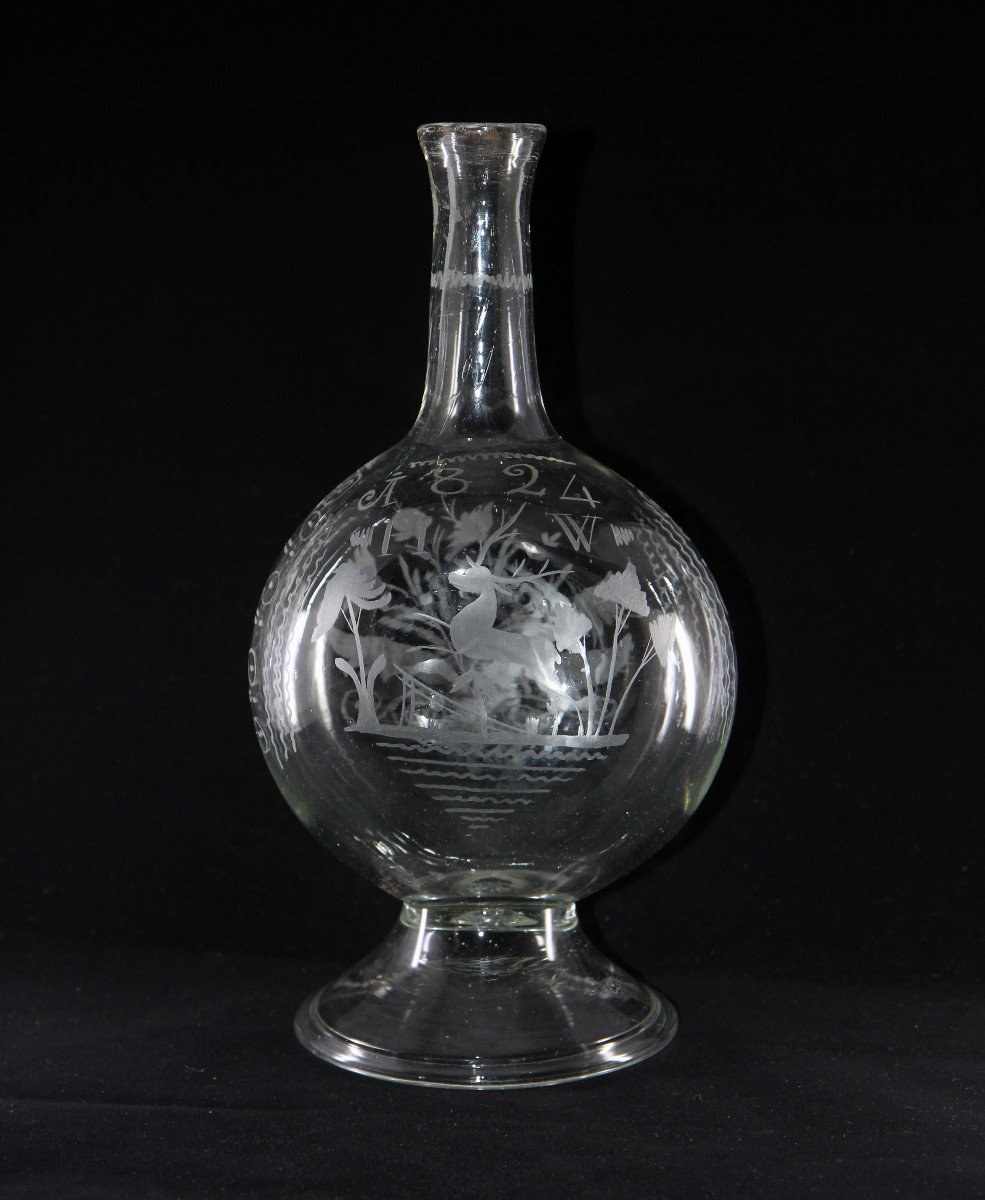 KUGELFLASCHE - Bouteille sphérique à corps aplati - Suisse, verreries de Flühli, 1824