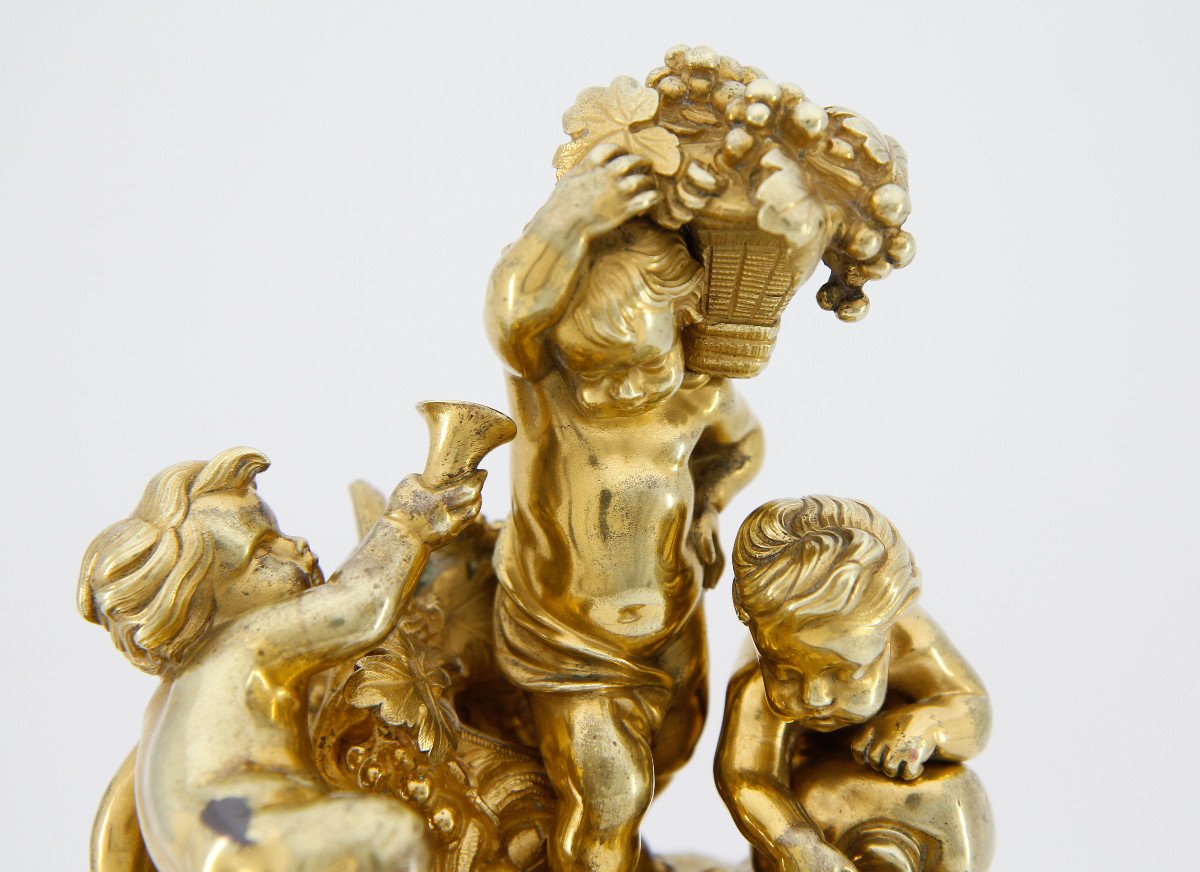 Amours Vendangeurs - Gilded Bronze Group On Griotte Marble, Attributed To Raingo - Paris, 1860-photo-2