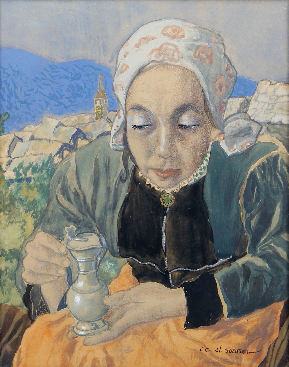 Charles Clos Olsommer (1883-1966), Valais Woman With A Cane, Mixed Technique On Paper, Ca 1930-photo-2