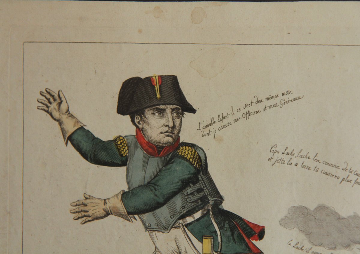 Napoléon à Waterloo. Rare gravure satirique aquarellée, août 1815