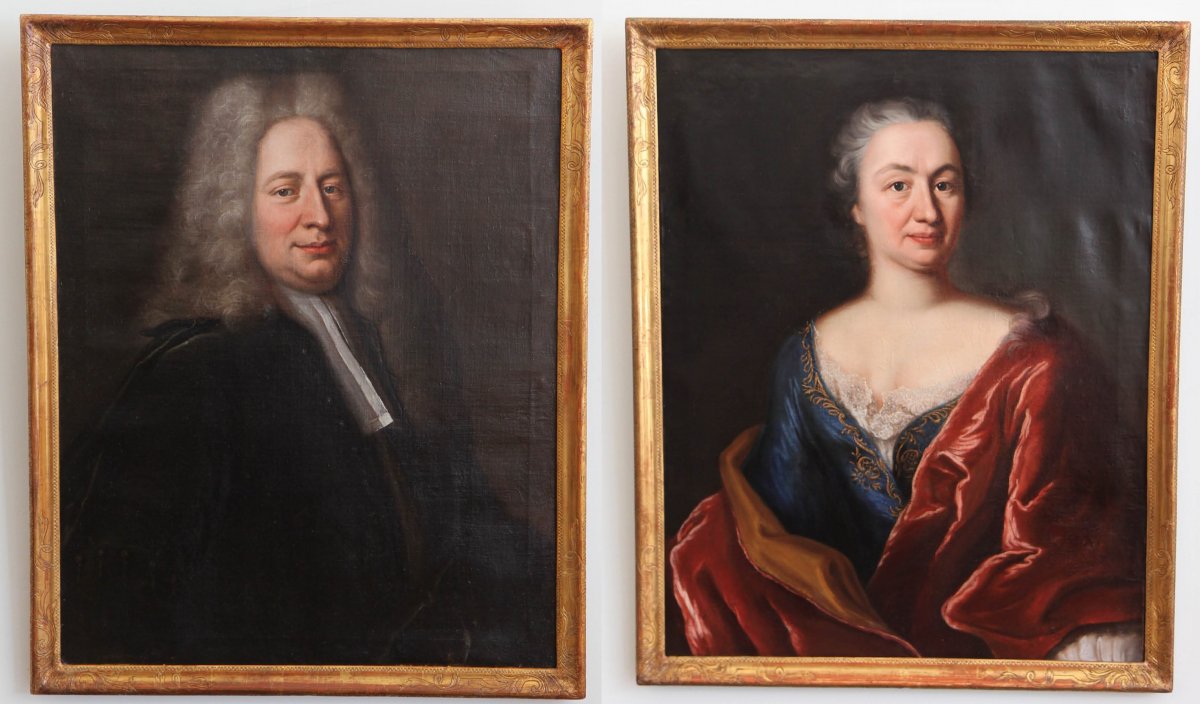 Paire de portraits par Robert Gardelle (1692-1766), l'un daté 1729, dans leurs cadres d'origine