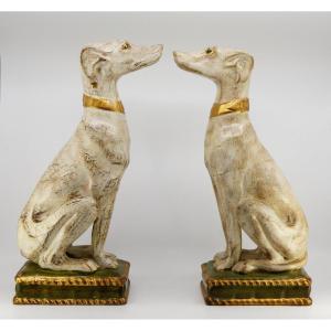 Pair Of Polychrome And Gold Terracotta Greyhounds, Italy Around 1970, H 39 Cm