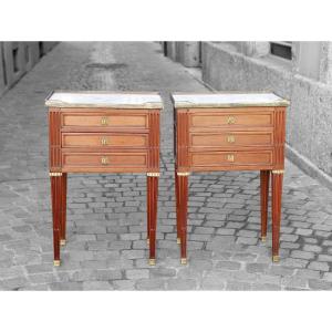 Pair Of Louis XVI Style Mahogany Bedside Tables, Writing Drawer, Mailfert Stamp - 20th Century