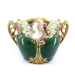 Cache-pot en barbotine Art Nouveau, Onnaing 824 modèle Biarritz, vers 1900, parfait état