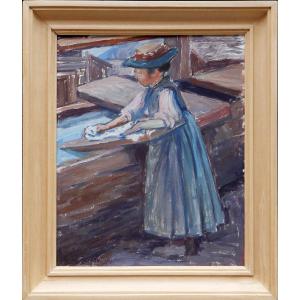 Sarah Jeannot (1883-1958), Jeune valaisanne au lavoir, huile sur carton signée et datée 1917